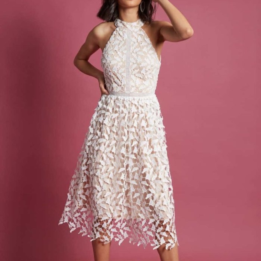 Lacy White & Nude Midi Dress